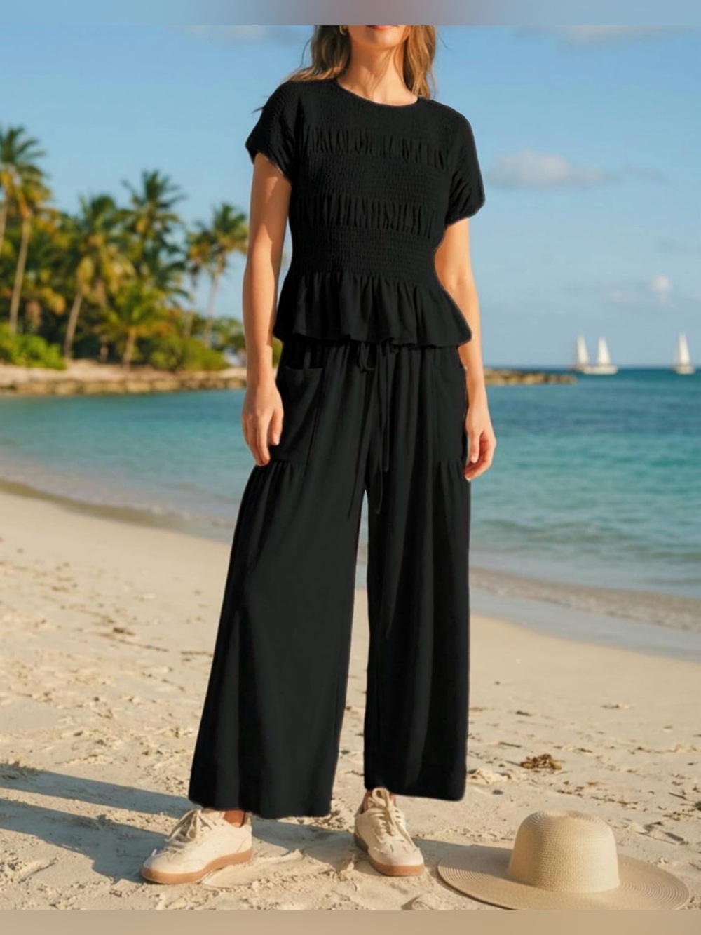 Women's Black Wide-Leg Pants Set with Smocked Top